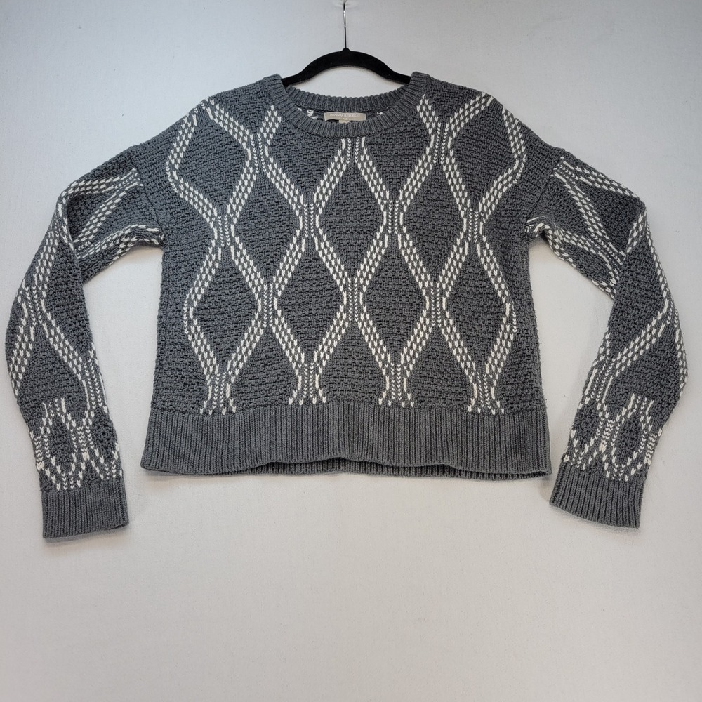Banana Republic Sweater Womens Large Gray Argyle 100% Cotton Cropped Heavy